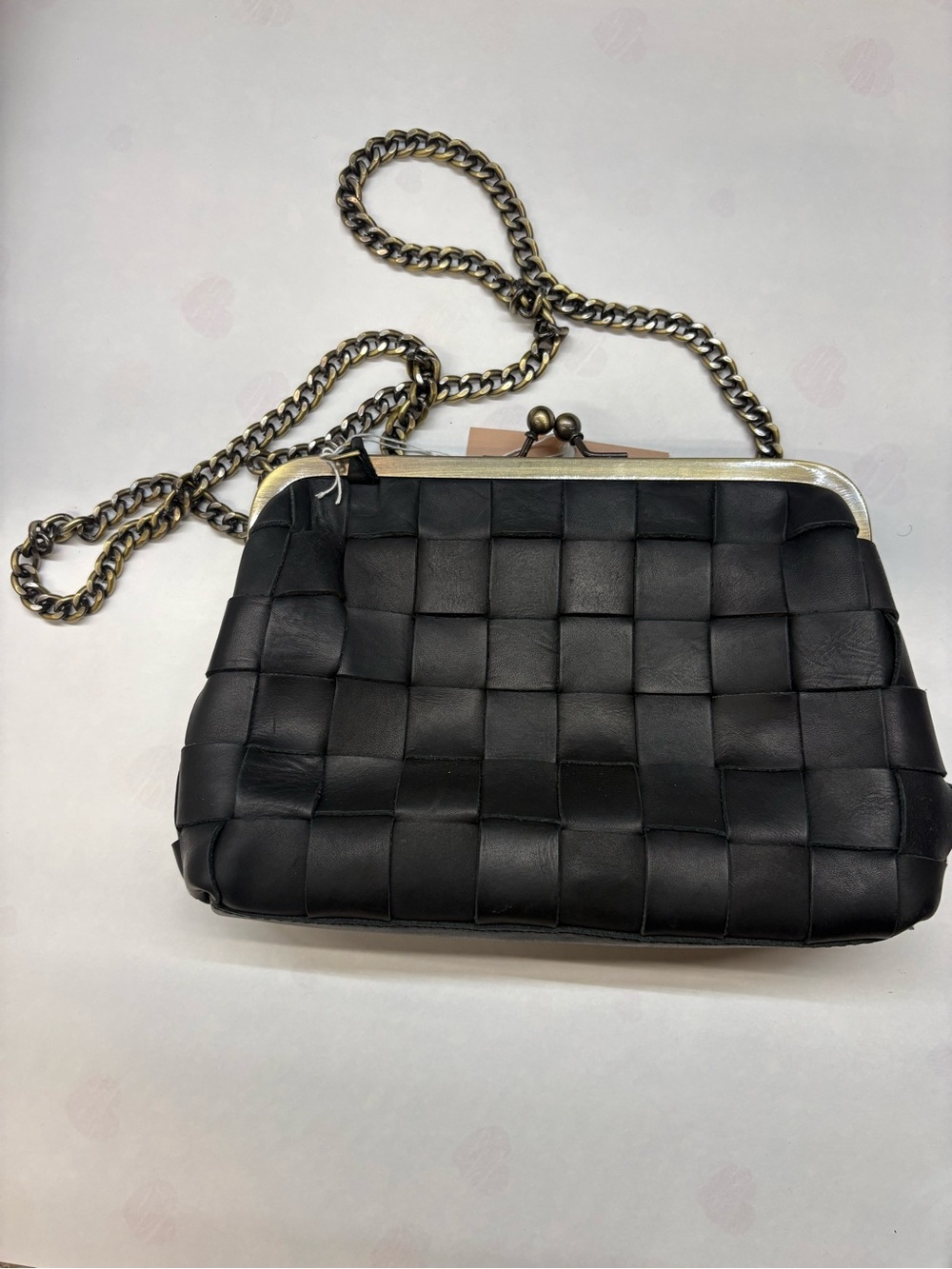 Black Woven Leather Chain Shoulder Bag